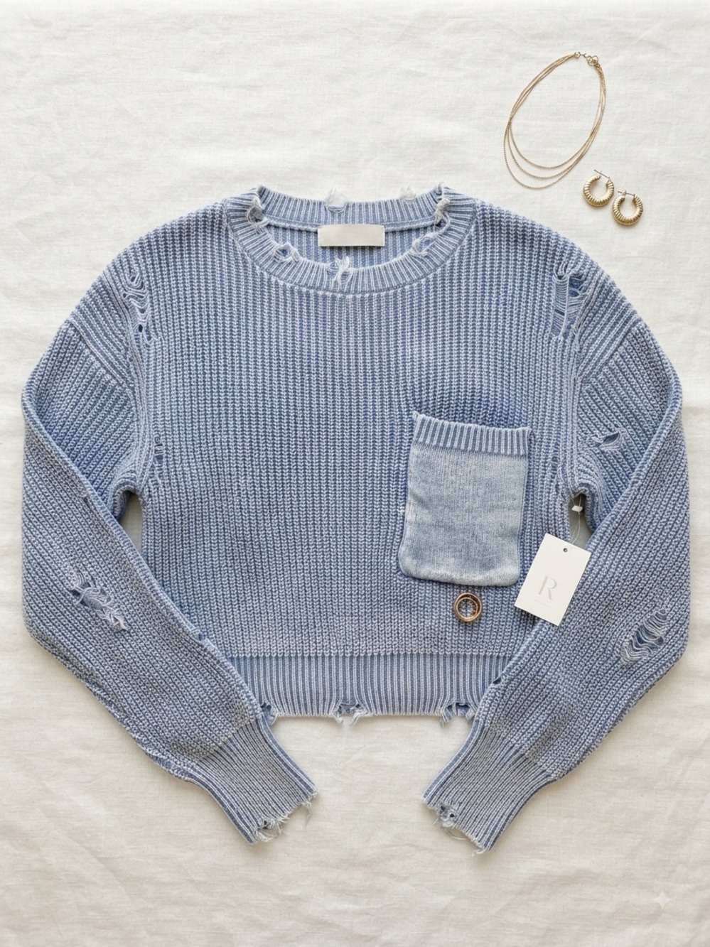 Timing Light Blue Distressed Knit Crewneck Sweater with Pocket